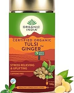 A TATA Product - Organic India Tulsi Ginger Tea - 100g, Rich in Antioxidants, Supports Digestion, Stress Relieving, Helps Boost Metabolism, Caffeine-Free, Whole Herbs