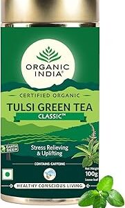 A TATA Product - Organic India Tulsi Green Tea Classic Loose Leaves - 100g, Stress Relieving, Uplifts Mood, Rich in Antioxidants, Blend of Rama, Krishna & Vana Tulsi, Certified Organic