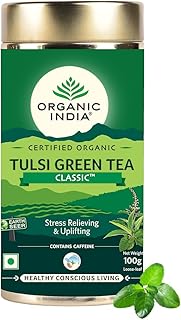 A TATA Product - Organic India Tulsi Green Tea Classic Loose Leaves - 100g, Stress Relieving, Uplifts Mood, Rich in Antioxidants, Blend of Rama, Krishna & Vana Tulsi, Certified Organic
