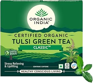 A TATA Product - Organic India Tulsi Green Tea Classic - 50 Tea Bags, Stress Relieving, Uplifts Mood, Rich in Antioxidants, Blend of Rama, Krishna & Vana Tulsi, Certified Organic