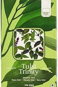 MAHER BAGH Tulsi Trinity Green Tea - Tulsi Green Tea 100g | Loose Leaf Tea | 50 Cups | Low Caffeine | Rama Tulsi | Shyama Tulsi | Vana Tulsi | Himalayan Botanicals Collection