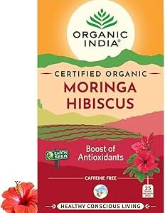 A TATA Product - Organic India Moringa Hibiscus Infusion, 25 Tea Bags, Certified Organic, Antioxidant-Rich, Caffeine-Free, Whole Herb Blend
