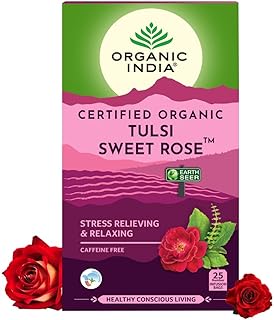 A TATA Product - Organic India Tulsi Sweet Rose - 25 Tea Bags, Stress Relieving, Supports Radiant Skin, Rich in Antioxidants, Made with Tulsi, Chamomile, and Rose Certified Organic