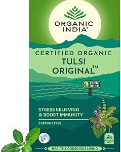 A TATA Product - Organic India Tulsi Original - 25 Tea Bags, Caffeine-Free Herbal Tea with Tulsi, Natural Detoxifier, Rich in Antioxidants, Convenient Staple-Free Bag