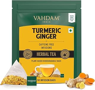 VAHDAM, Turmeric Ginger Teabags (50 Herbal Tea Bags) Caffeine Free, Non GMO, Gluten Free | 100% Pure Turmeric Tea with Ginger - Savory & Spicy | Plant based Pyramid Teabags | Direct from Source