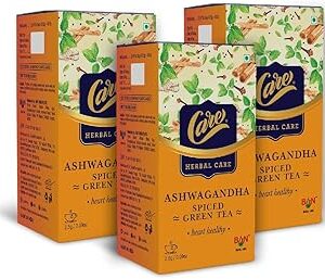 CARE Ashwagandha Immunity Booster Spiced Herbal Green Tea, 75 Bag (3 Packs x 25) | Organic Desi Kahwa with Tulsi & Ginger | Whole Loose Leaves Blend | Ayurvedic Indian Kadha for Detoxification
