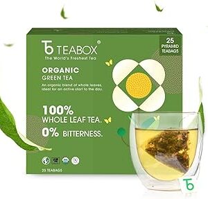 Teabox Organic Darjeeling Green Tea 25 Teabags | 100% Whole Leaf Tea Sourced from Darjeeling | Rich in Antioxidants | Silken Pyramid Teabags