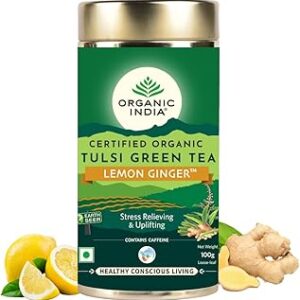 A TATA Product - Organic India Tulsi Green Tea Lemon Ginger - 100g Tin Container, Herbal Blend with Green Tea, Tulsi, Lemon & Ginger, Supports Digestion, Refreshing Taste, Natural Ingredients