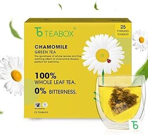 Teabox Premium Chamomile Green Tea With Real Flowers | 100% Whole Leaf Green Tea From The Himalayas | 25 Tea Bags (Low Caffeine)