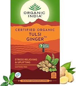 A TATA Product - Organic India Tulsi Ginger - 25 Tea Bags, Rich in Antioxidants, Supports Digestion, Stress Relieving, Helps Boost Metabolism, Caffeine-Free, Whole Herbs Certified Organic