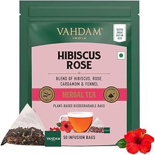 VAHDAM, Hibiscus Flowers Herbal Tea Bags (50 Count) Caffeine Free, Non-GMO, Floral Flavor Tisane - Hibiscus Rose Petals & Exotic Spices | Resealable Ziplock Pouch