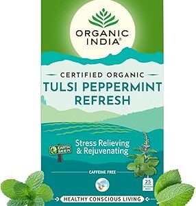 ORGANIC INDIA Tulsi Peppermint Refresh 25 Tea Bags || Stress Relieving & Rejuvenating || Feeling Refreshed || Tulsi Tea - 25 Tea Bags