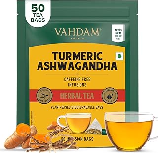 VAHDAM, Turmeric Ashwagandha Herbal Tea Bags (50 Count) | Caffeine Free | 100% Pure Herbal Blend - Turmeric, Ashwagandha, Lemongrass, Black Pepper & Licorice | Resealable Ziplock Pouch