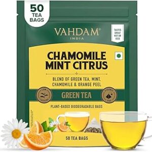 VAHDAM, Chamomile Mint Citrus Green Tea Bags (50 Count) | Sweet & Floral |Low Caffeine, Non-GMO, Gluten Free | Resealable Ziplock Pouch | Chamomile, Mint Tea Bags