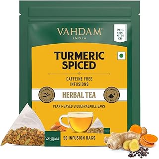 VAHDAM, Turmeric Spice Herbal Tea Bags - 50 Pyramid Tea Bags | Caffeine Free, Non-GMO, 100% Pure Herbal Tisane - Savory & Spicy | Whole Loose Leaf Teabags | Resealable Ziplock Pouch