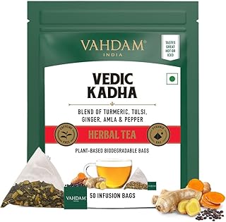 VAHDAM, Vedic Kadha Herbal Tea Bags - 50 Pyramid Tea Bags| Caffeine Free, Pure Herbal Tisane - Earthy & Savory | Whole Loose-Leaf Teabags | Resealable Ziplock Pouch