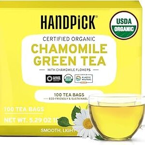 HANDPICK USDA Organic Green Tea With Pure Chamomile (100 Tea Bags), Made with Himalayan Green Tea and Natural Chamomile Flower Leaves