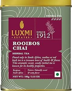 Luxmi Estates South African Rooibos Chai Herbal Tea 100gm Tin Caddy | 100% Natural Ingredients | Certified Organic Tea | Caffeine-Free | for Healthy Sleep | Antioxidant-Rich Herbal Beverage for Relaxation and Wellness | 50 Cups