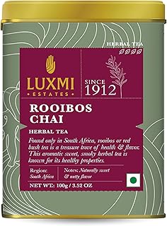 Luxmi Estates South African Rooibos Chai Herbal Tea 100gm Tin Caddy | 100% Natural Ingredients | Certified Organic Tea | Caffeine-Free | for Healthy Sleep | Antioxidant-Rich Herbal Beverage for Relaxation and Wellness | 50 Cups