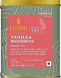 Luxmi Estates Vanilla Rooibos Chai Herbal Tea 100gm Tin Caddy | South African rooibos with vanilla extract |100% Natural Ingredients | Certified Organic Tea | Caffeine-Free |Boosts Immunity | For Healthy Sleep | Antioxidant-Rich Herbal Beverage for Relaxation and Wellness | 50 Cups