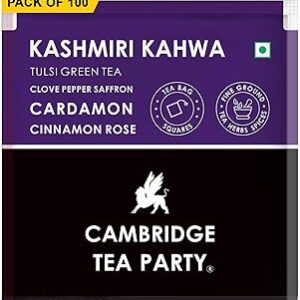 Cambridge Tea Party Kashmiri Kahwa 100 Tea Bags, Saffron Almond Cardamom Clove Pepper Cinnamon Rose Tulsi Green Tea, Bulk Pack - 250 Gram