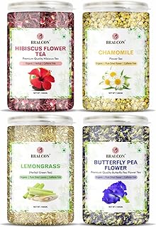 BRALCON Hibiscus Flower Tea,Butterfly Pea Flower Tea,Chamomile Flower Tea,Lemongrass Tea-400g(100g x 4 Pack)|Organic Herbal Tea Combo Pack-Caffeine Free in seperate Packaging