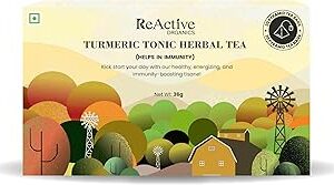 ReActive Organics - Turmeric Tonic Herbal Tea|Cinnamon, Black Pepper, Cardamom, Ginger, Turmeric, Lemongrass|Helps In Immunity|100% Natural Ingredients|Premium Tea Bags - 0.09 Kg