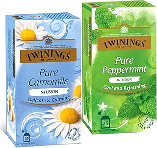 Twinings Pure Camomile & Pure Peppermint Tea, Herbal Infusion Two Tea Combo Pack, Caffeine Free Herbal Tea for Good Sleep, Stress Relief &Anxiety Sugar-Free, 25 Teabags Each