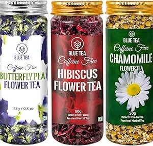 BLUE TEA - 3 in 1 Combo | Butterfly Pea Flower - 25g, Hibiscus - 50g, Chamomile - 30g | For Skin Glow & Sleep & Antioxidant Rich | Caffeine Free - Herbal Tea - Flower Based - Non Bitter | Featured In Shark Tank | Reusable Pet | Gift Pack