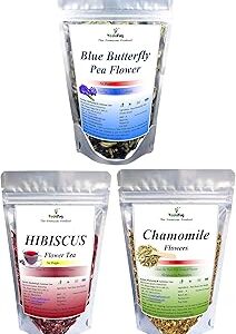 VY Vedayug Butterfly Pea Flower Tea 20g + Hibiscus Flower Tea 30g + Chamomile Tea 30g | Combo Pack of 3 Caffeine Free Herbal Tea (80g)