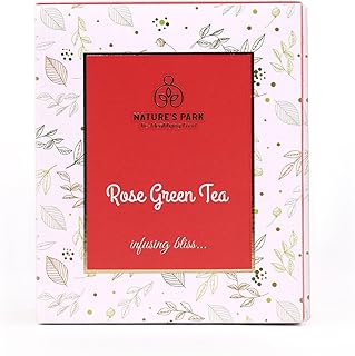 Nature's Park Rose Green Tea - 20 Premium Tea Bags - For Glowing Skin, Stress Relieving, Good Sleep, Antioxidants Rich - Made with 100% Whole Leaf & Natural Rose Petals - Herbal Tea -150g