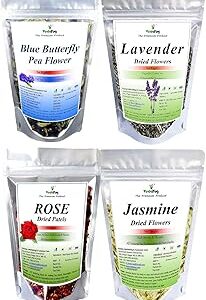 VY VedaYug Blue Butterfly Pea Flower + Rose Petals + Lavender Flowers + Jasmine Dry Flowers Herbal Tea Ingredient Set | Flower Drinks, Iced Teas, Coolers, Cocktails | 95Gm