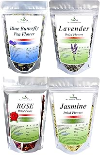 VY VedaYug Blue Butterfly Pea Flower + Rose Petals + Lavender Flowers + Jasmine Dry Flowers Herbal Tea Ingredient Set | Flower Drinks, Iced Teas, Coolers, Cocktails | 95Gm