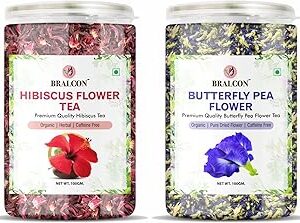 BRALCON Organic Herbal Tea Combo Pack- Hibiscus Flower Tea and Butterfly Pea Flower Tea- 200g(100g x 2 Pack) | Hibiscus Tea Leaves | Blue Pea Tea| Reduce Stress, Improve Digestion