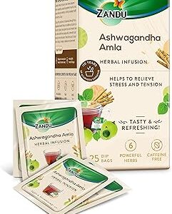 Zandu Ashwagandha Amla Ayurvedic Infusion, a Herbal Tea Enriched with 6 Ayurvedic Ingredients (25 Tea Bags)