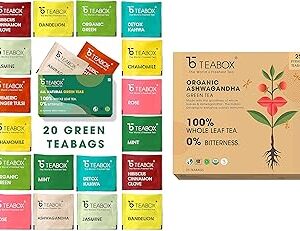 TEABOX - 100% Natural Immunity Boosting Green Tea Trial Pack & Ashwagandha Green Tea Bags 25 Pieces, For Immunity Boosting & Improved Memory, Whole Leaf, Natural Ashwagandha & Cardamom, 2 Free Samples