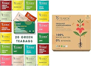 TEABOX - 100% Natural Immunity Boosting Green Tea Trial Pack & Ashwagandha Green Tea Bags 25 Pieces, For Immunity Boosting & Improved Memory, Whole Leaf, Natural Ashwagandha & Cardamom, 2 Free Samples