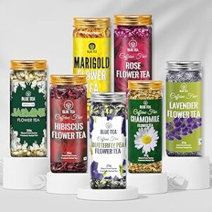 BLUE TEA - Butterfly Pea Flower, Rose, Marigold (25g each), Hibiscus (50g), Chamomile, Lavender, Jasmine (30g each) | 215g | Flower Based | Featured In Shark Tank | Variety Pack | Herbal Tea Gift