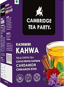 Cambridge Tea Party Kashmiri Kahwa 30 Tea Bags, Saffron Almond Cardamom Clove Pepper Cinnamon Rose Tulsi Green Tea, 75 grams