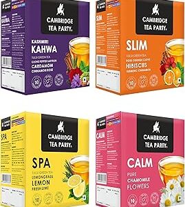 Cambridge Tea Party Assorted Tulsi Green Tea 40 Bags, Kashmiri Kahwa, Slim Orange Rose Hibiscus, Spa Lime Lemongrass, Calm Chamomile, 85 Grams