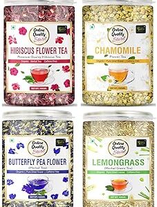 Online Quality Store Hibiscus Flower Tea, Butterfly Pea, Chamomile, Lemongrass - 100gm Each (4 X 100 gm) Total 400 gm