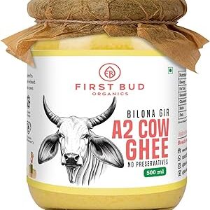 First Bud Organics Bilona Gir A2 Desi ghee 100% Fresh Pure Desi Ghee Organic Non-GMO Cow Ghee-Made Using Traditional Bilona Gir Method - Glass jar pack 500 ML