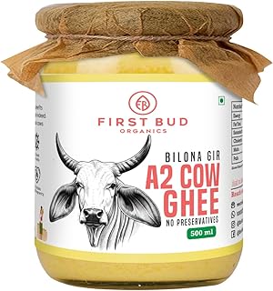 First Bud Organics Bilona Gir A2 Desi ghee 100% Fresh Pure Desi Ghee Organic Non-GMO Cow Ghee-Made Using Traditional Bilona Gir Method – Glass jar pack 500 ML