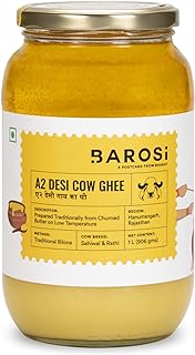 Barosi Premium A2 Cow Ghee 1 Litre | A2 Danedar Desi Ghee | Churned from Curd with Bilona Method | Pure & Aromatic | Organic, Farm Made in Small Batches | Glass Jar