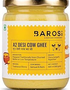Barosi Premium A2 Cow Ghee 500 millilitre | A2 Danedar Desi Ghee | Churned from Curd with Bilona Method | Pure & Aromatic | Organic, Farm Made in Small Batches | Glass Jar Packing