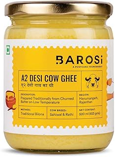 Barosi Premium A2 Cow Ghee 500 millilitre | A2 Danedar Desi Ghee | Churned from Curd with Bilona Method | Pure & Aromatic | Organic, Farm Made in Small Batches | Glass Jar Packing