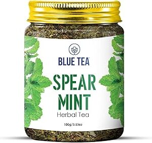 BLUE TEA - Spearmint Tea - 100 gm -100 Cups | Pcos Relief | Balances Hormones, Reduces Facial Hair & Acne and Supports Digestion | Herbal Tea - Dried Loose Leaf - Caffeine Free | Featured in Shark Tank | Reusable Pet Jar