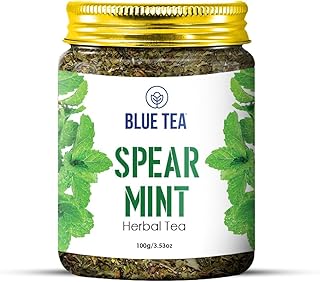 BLUE TEA - Spearmint Tea - 100 gm -100 Cups | Pcos Relief | Balances Hormones, Reduces Facial Hair & Acne and Supports Digestion | Herbal Tea - Dried Loose Leaf - Caffeine Free | Featured in Shark Tank | Reusable Pet Jar