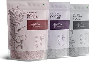 THE MILLET COMPANY Natural Millet Flour Combo Pack Of 3 [250G Each], Ragi Flour, Jowar Flour, Bajra Flour, Natural Farm Produce, High Fibre Flour, 750 Gram