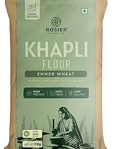 Rosier khapli atta, Khapli Wheat Flour | 2KG (Pack of 1) | High Protein & Fiber | Easy Digestion | Stoneground Emmer Wheat Chakki Atta | Low Gluten Ancient Grain | Organic Atta | 100% Natural | (Khapli Wheat Atta)